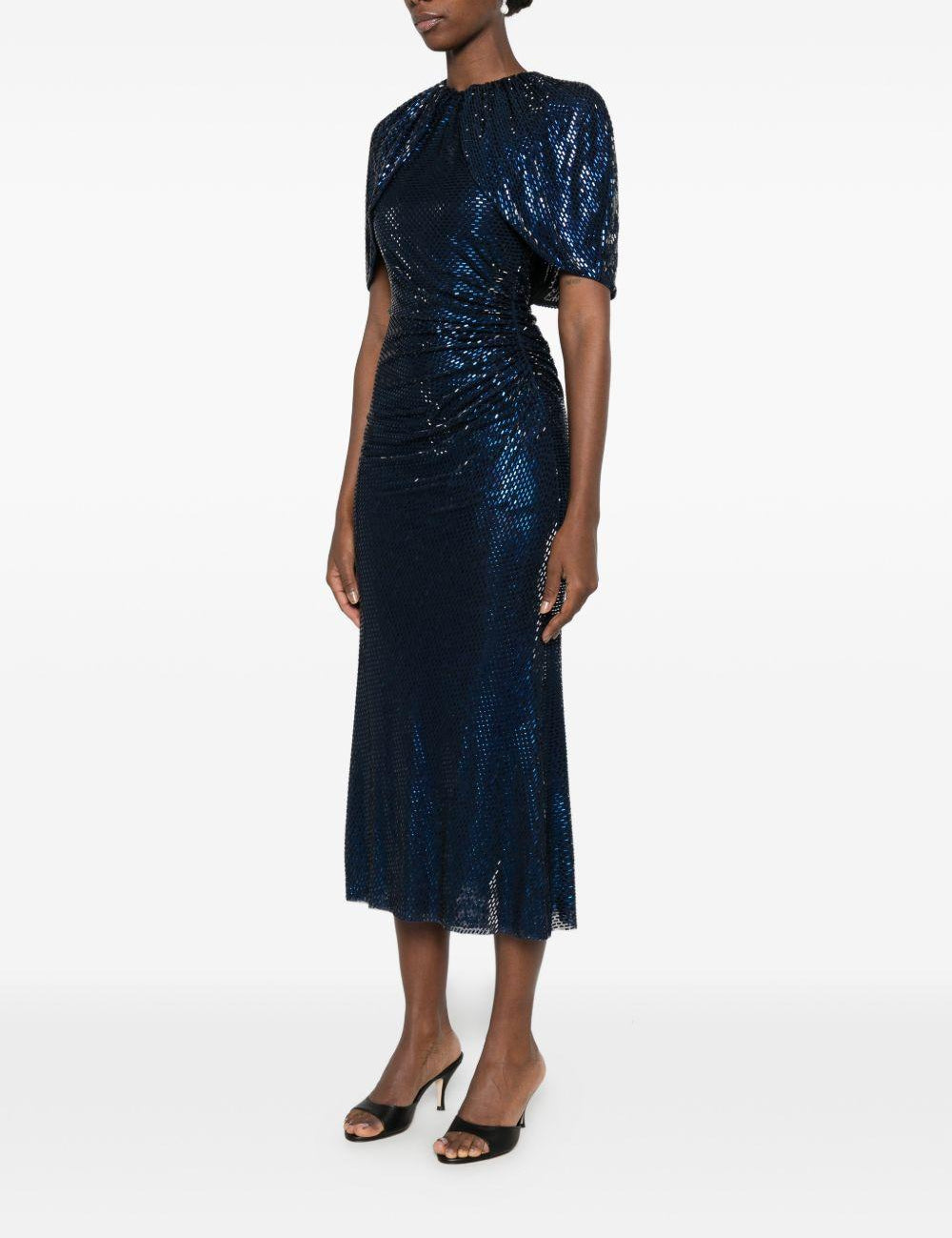 Abito midi con maniche a mantella e decorazioni di strass in blu 