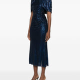 Abito midi con maniche a mantella e decorazioni di strass in blu 