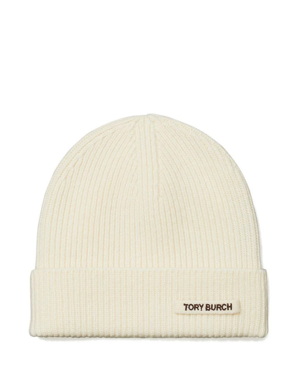 Berretto a coste con logo in avorio Tory Burch - donna 