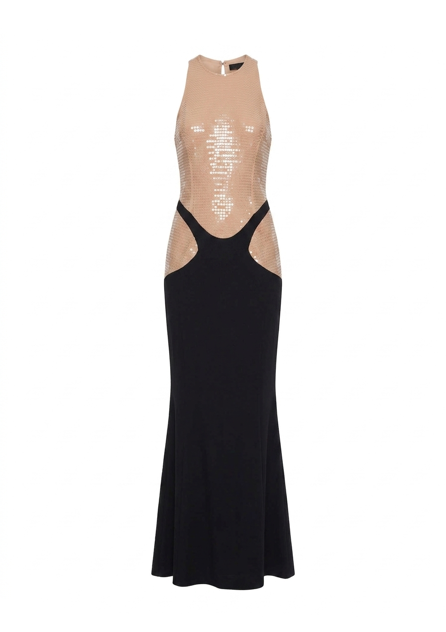 Abito maxi bicolore con paillettes in nero e beige Mugler - donna 