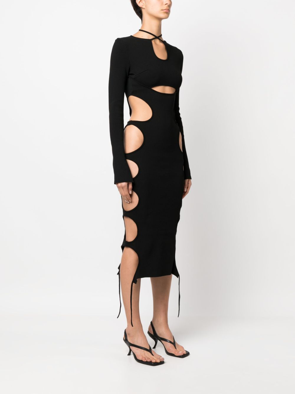 Black cut-out long-sleeved midi dress - women