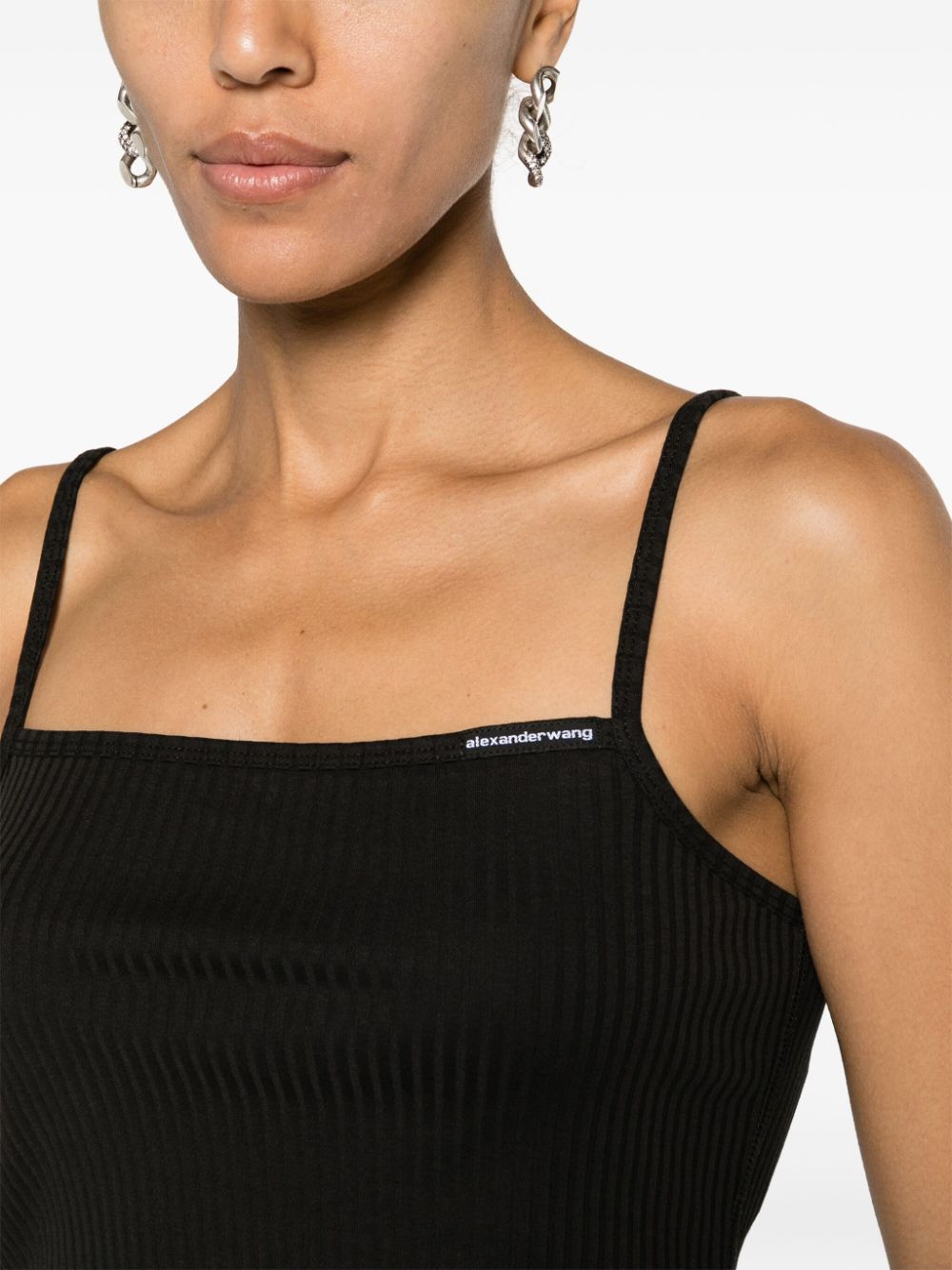 Black cropped ribbed-knit tank top - women