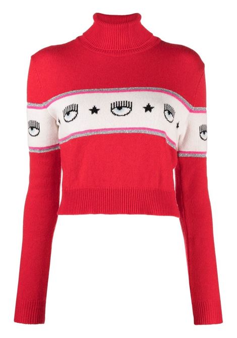 Red and multicolur Logomania-panel roll-neck jumper - women CHIARA FERRAGNI | 73CBFM27CMA10513