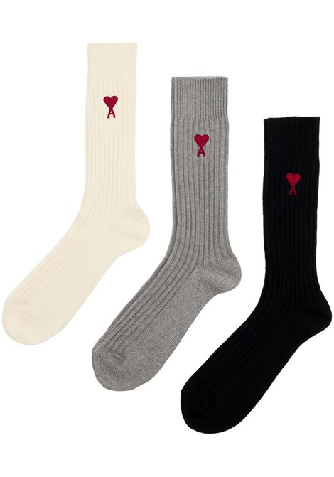 White, black and grey logo-embroidered ribbed-knit socks - men AMI PARIS | BFUSC003379971