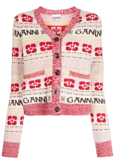 Red and multicolour intarsia-knit logo cardigan - women  GANNI | K1959999