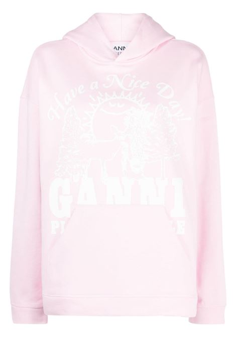 Felpa con cappuccio rosa con stampa logo - donna GANNI | T3653872