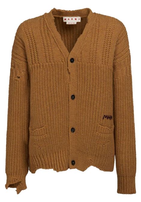 Brown distressed-finish cable-knit cardigan - men MARNI | CDMG0111A0UFW31000Y56