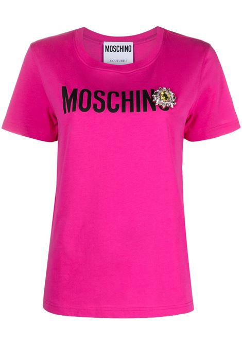 Pink brooch-detail logo-print T-shirt - women MOSCHINO | J070554411217