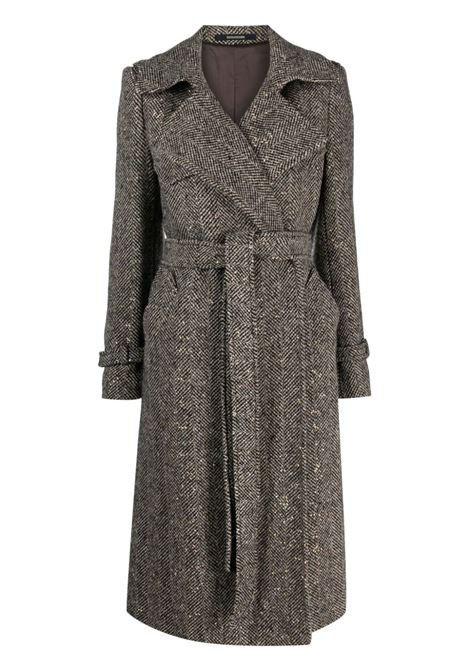 Brown diagonal-stripe belted  coat - women TAGLIATORE | CAROLA110002T1393