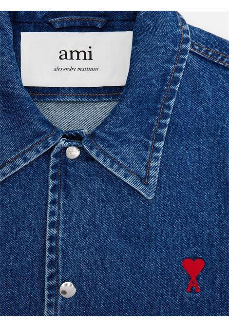 Giacca-camicia denim con ricamo in blu - uomo AMI PARIS | HJK205DE0001480