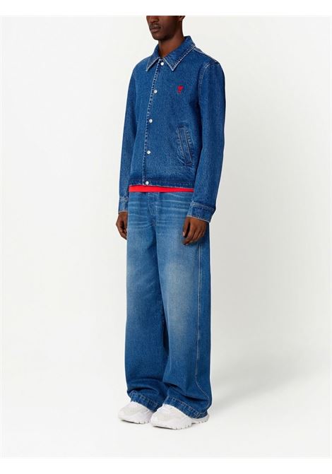 Giacca-camicia denim con ricamo in blu - uomo AMI PARIS | HJK205DE0001480