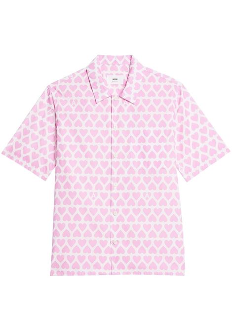Camicia a maniche corte con stampa in rosa - uomo AMI PARIS | HSH203CO0029662