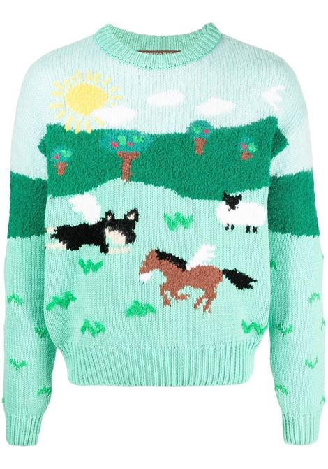 Green fleece-detail intarsia-knit jumper - men ANDERSSON BELL | ATB855MGRN