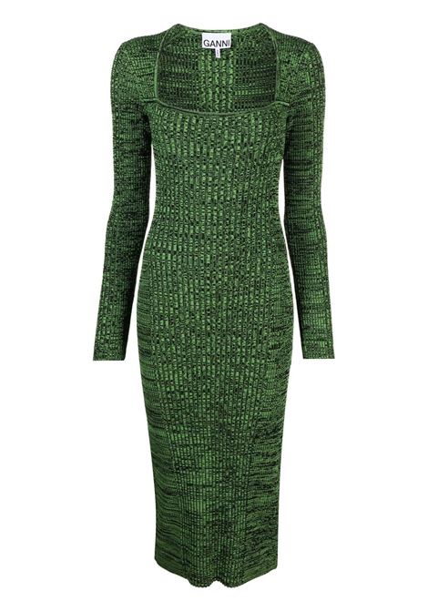 Green square-neck knitted midi dress - women GANNI | K1815801