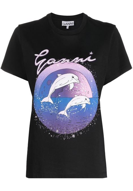 T-shirt con stampa delfini in nero - donna GANNI | T3591099
