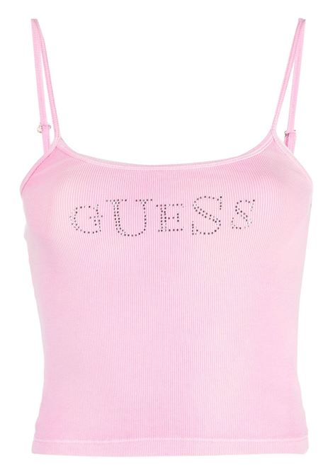 Top a coste con logo in cristalli in rosa - donna GUESS USA | W3GP01KBMZ0G65F