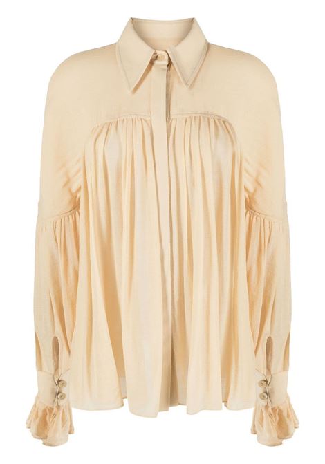 Blusa plissettata con maniche a balza in beige - donna
