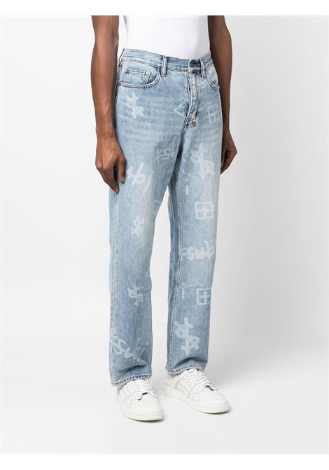 Blue graphic-print straight-leg jeans - men KSUBI | MPS23DJ011DNM