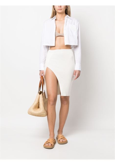 White ribbed-knit asymmetric midi skirt - women LANEUS | GND1430PNN