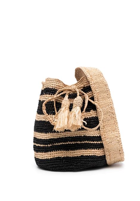Black and beige Weaving Raffia striped bucket bag - women MANEBI | V67AEMLT