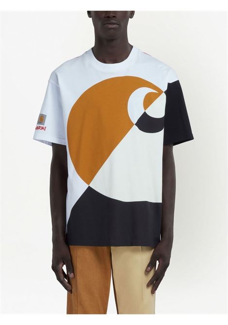 T-shirt stampa logo in bianco,nero e marrone - uomo MARNI X CARHARTT WIP | HUMU031300UTX003MLR66