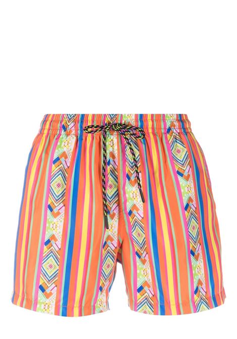 Multicolour geometric-print logo-patch swim shorts - men NOS | BASIC23FNTS
