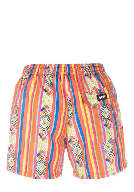 Multicolour geometric-print logo-patch swim shorts - men NOS | BASIC23FNTS