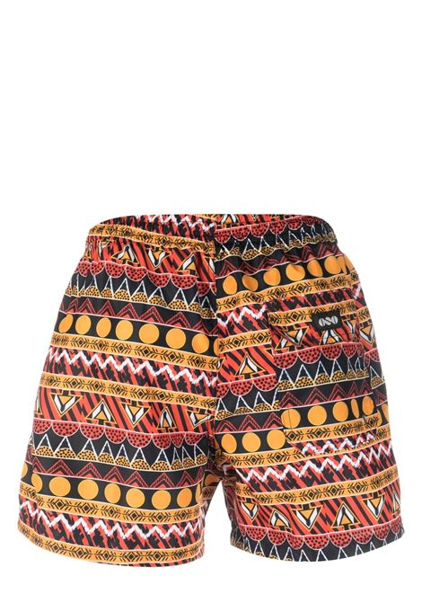 Multicolour geometric-print logo-patch swim shorts - men NOS | BASIC89FNTS
