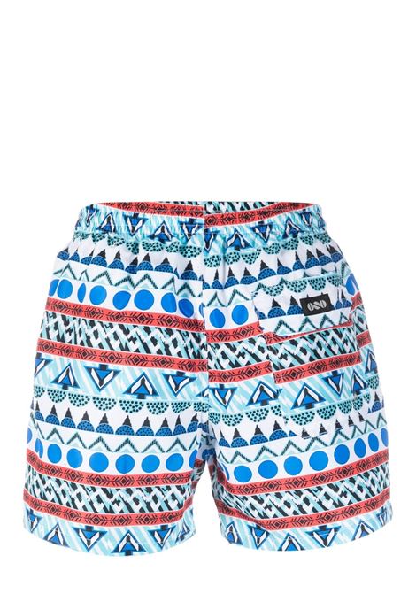 Blue and multicolour geometric-print logo-patch swim shorts - men NOS | BASIC90FNTS