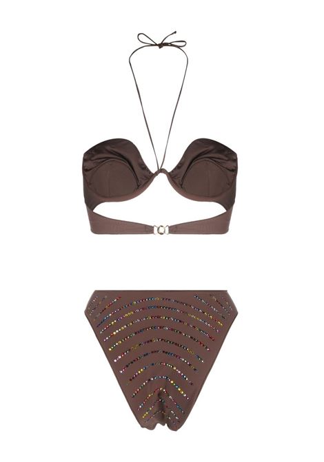 Brown crystal-embellished halterneck bikini - women OSÉREE | GBS238BRWN