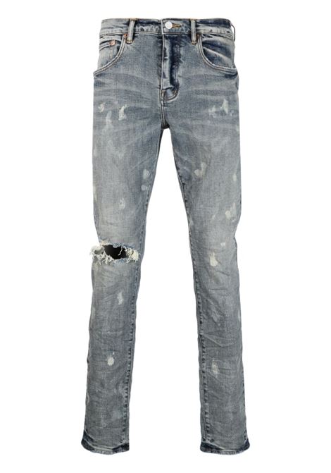 Blue distressed effect slim-fit jeans - men PURPLE | PBP001MIAB