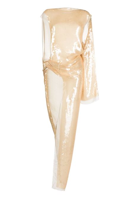 Champagne beige asymmetric sequinned chiffon maxi dress - women RICK OWENS | RO01C5580SEM10854
