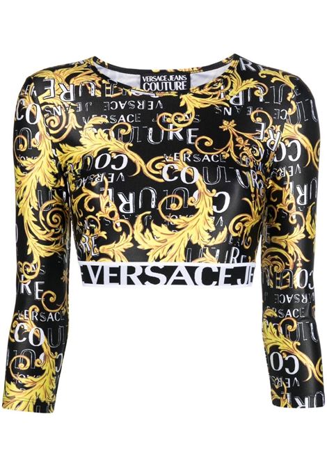 Black and gold cropped all-over logo print top - women VERSACE JEANS COUTURE | 74HAH218JS178G89