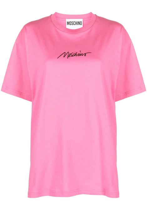 T-shirt con logo ricamato in rosa - donna MOSCHINO | A070205412208
