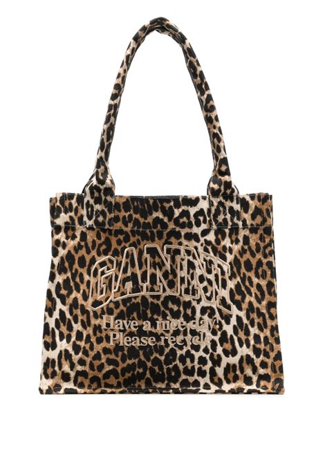 Brown large leopard-print canvas bag Ganni - women