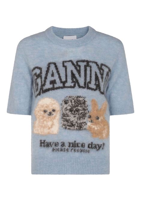 T-shirt in maglia azzurro con logo Ganni - donna
